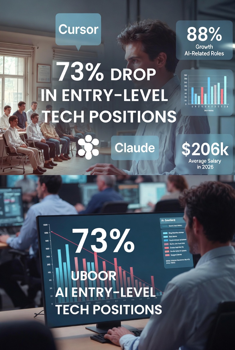 CDATA[## The 73% Collapse: How AI Is Erasing Entry-Level Tech Jobs and Rewriting the Career Ladder
The dramatic **73% drop in entry-level tech positions** over the past year isn't just a temporary hiring freeze or economic blip — it's a signal of a **fundamental restructuring** in how software teams operate, driven by generative AI.
![Entry-level tech hiring collapse
